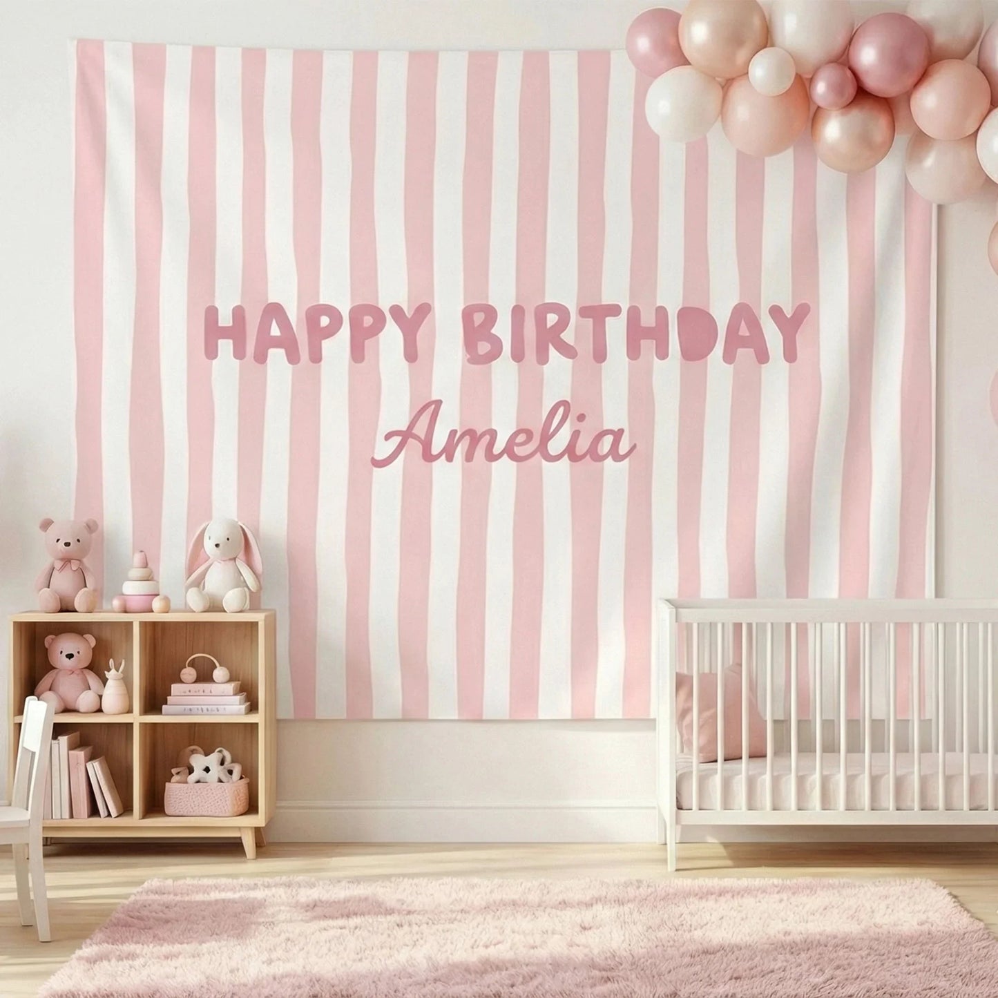 Striped Birthday Banner Personalized Custom Name Birthday Backdrop Neutral Party Photo Banner, personalized birthday backdrop