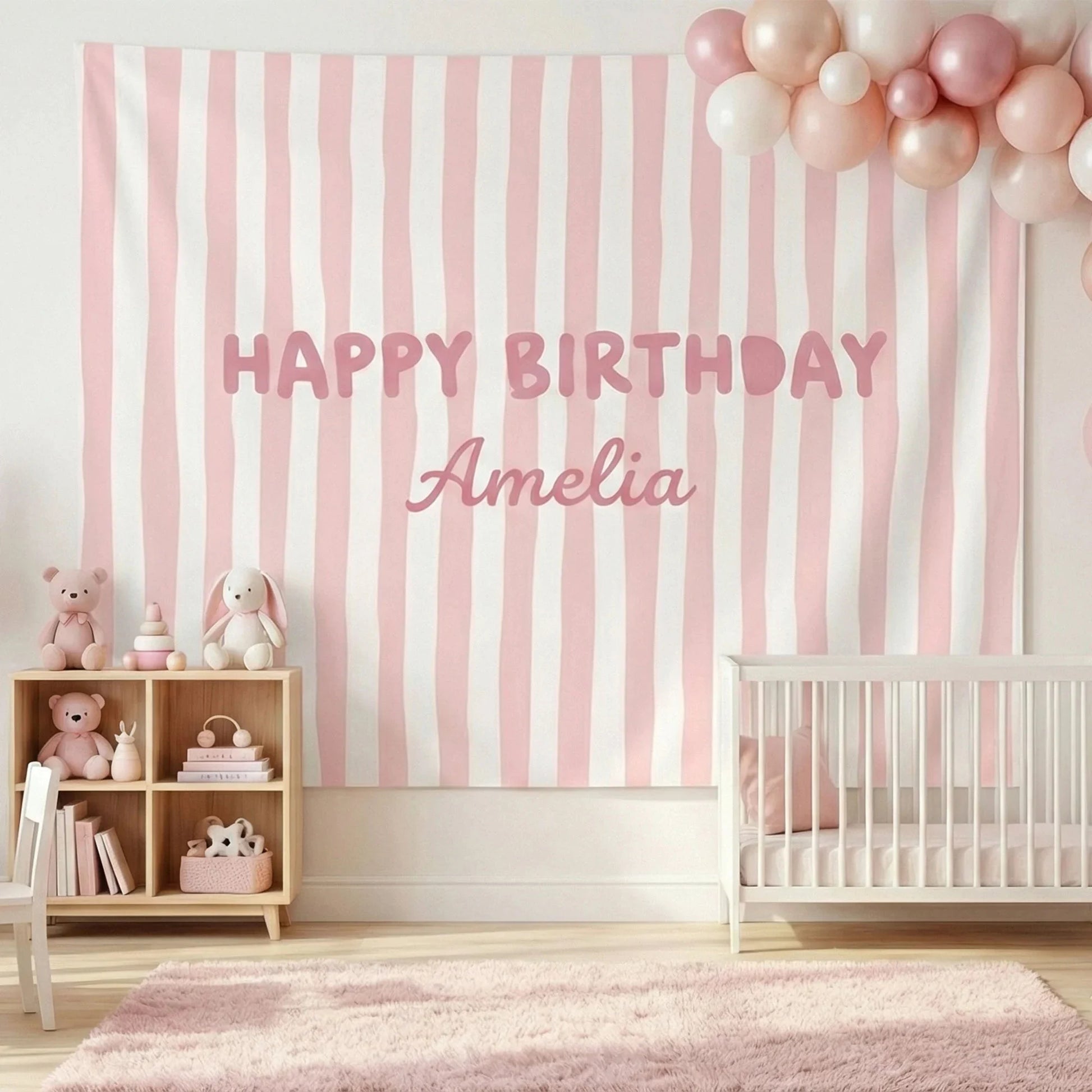 Striped Birthday Banner Personalized Custom Name Birthday Backdrop Neutral Party Photo Banner, personalized birthday backdrop
