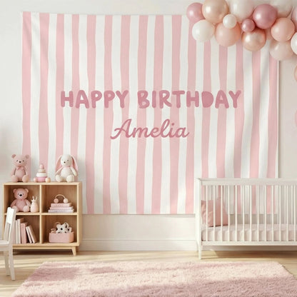 Striped Birthday Banner Personalized Custom Name Birthday Backdrop Neutral Party Photo Banner, personalized birthday backdrop