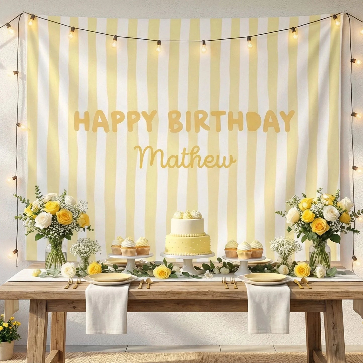 Striped Birthday Banner Personalized Custom Name Birthday Backdrop Neutral Party Photo Banner, personalized birthday backdrop