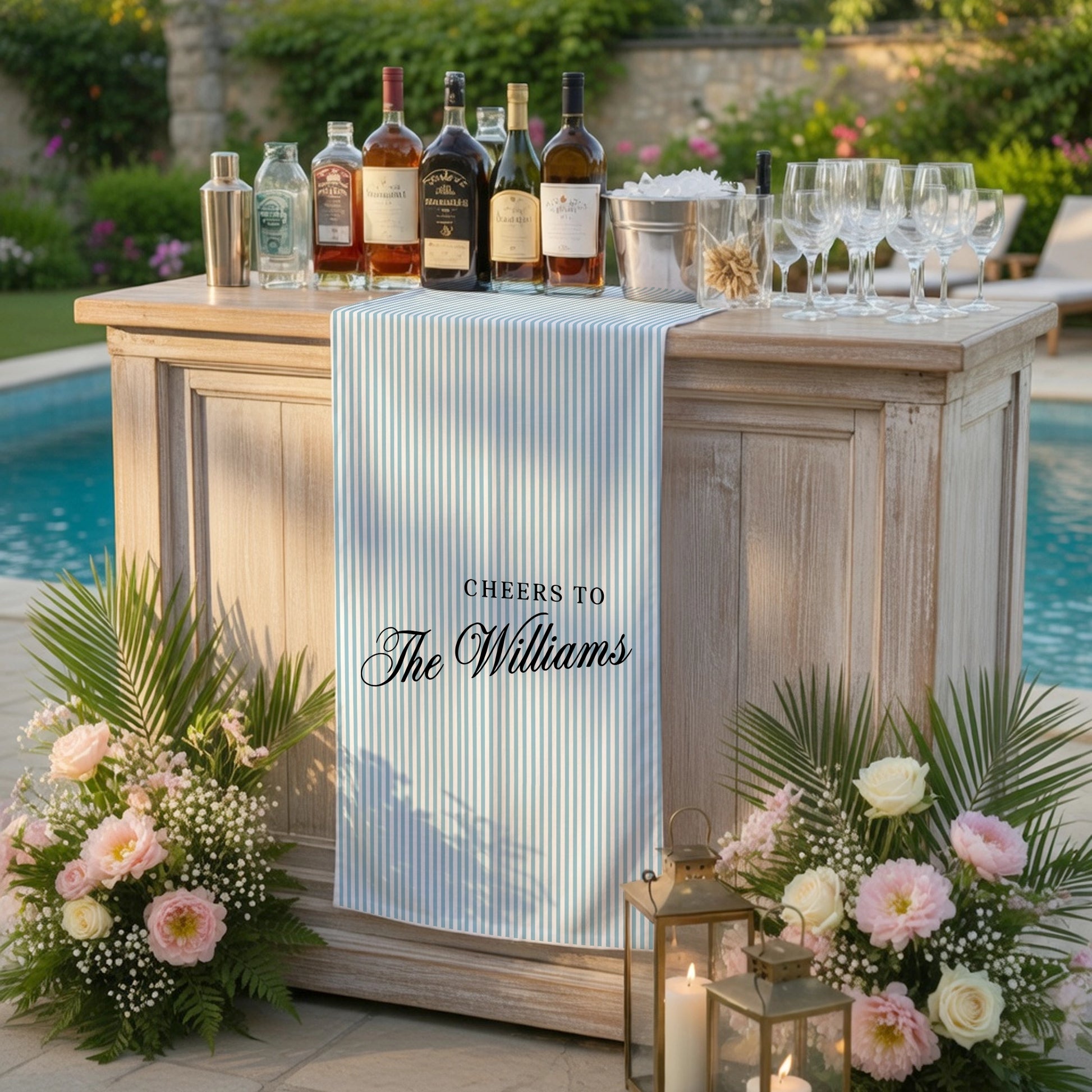 Personalized Bridal Shower Table Runner Custom Name Pink Stripe Wedding Bar Decor Tea Party Bachelorette Party Decor, pers...