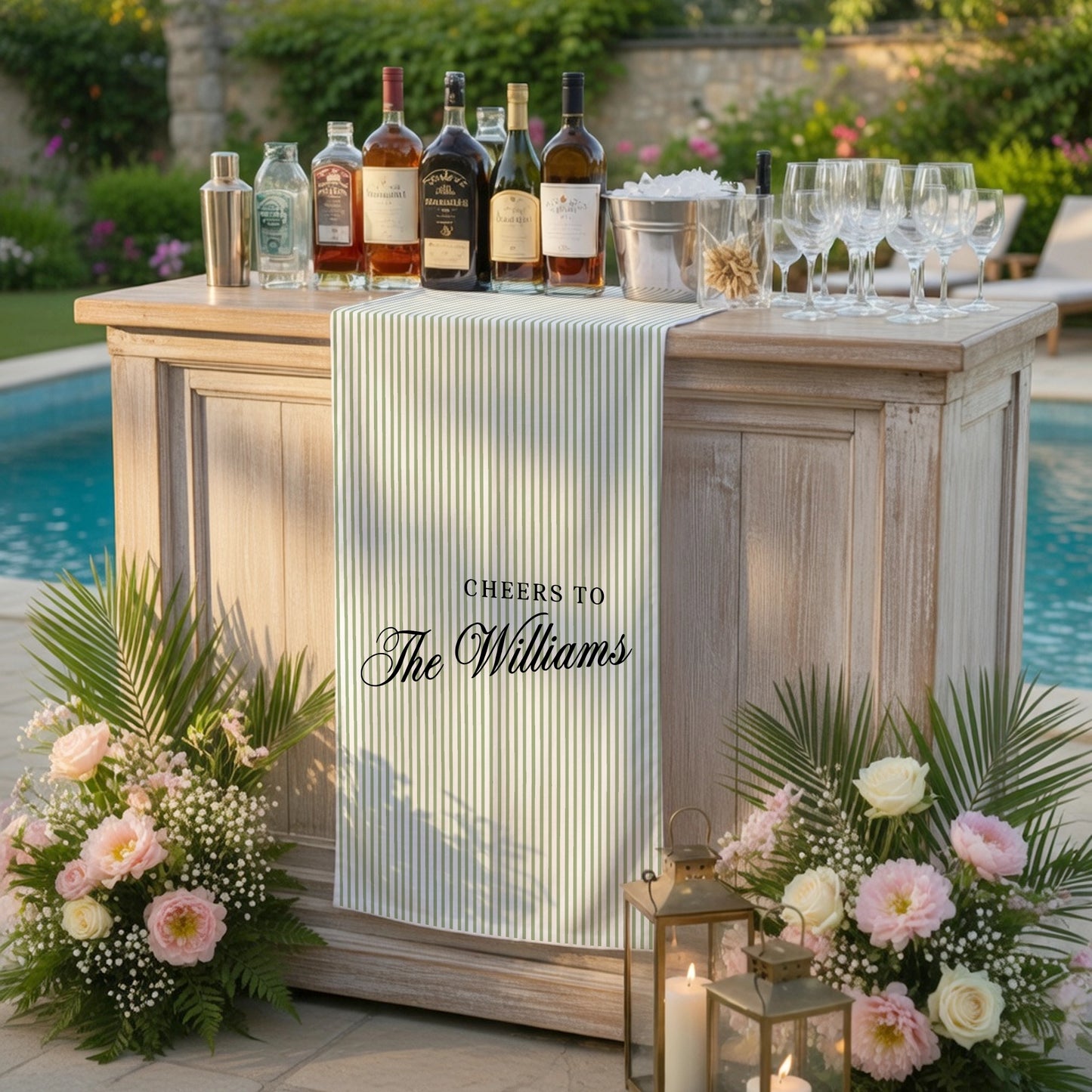 Personalized Bridal Shower Table Runner Custom Name Pink Stripe Wedding Bar Decor Tea Party Bachelorette Party Decor, pers...