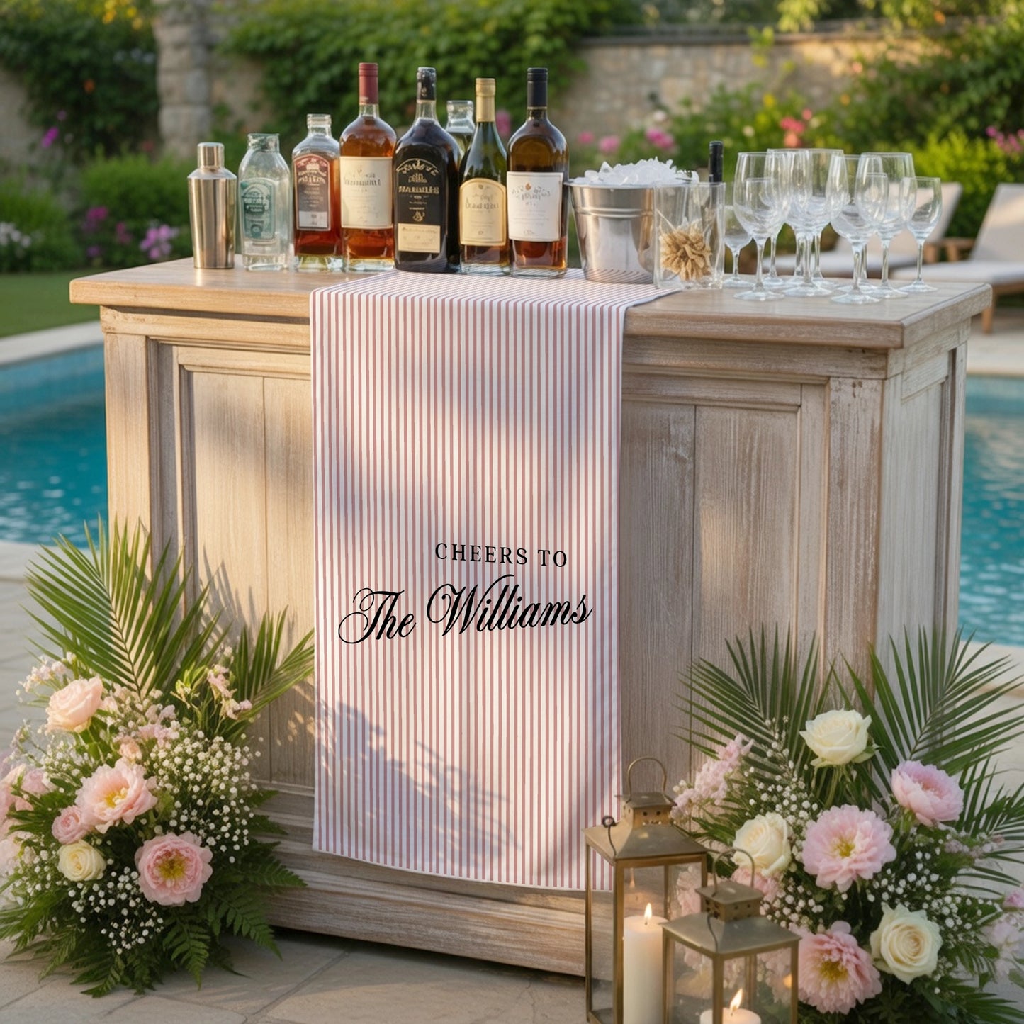 Personalized Bridal Shower Table Runner Custom Name Pink Stripe Wedding Bar Decor Tea Party Bachelorette Party Decor, pers...