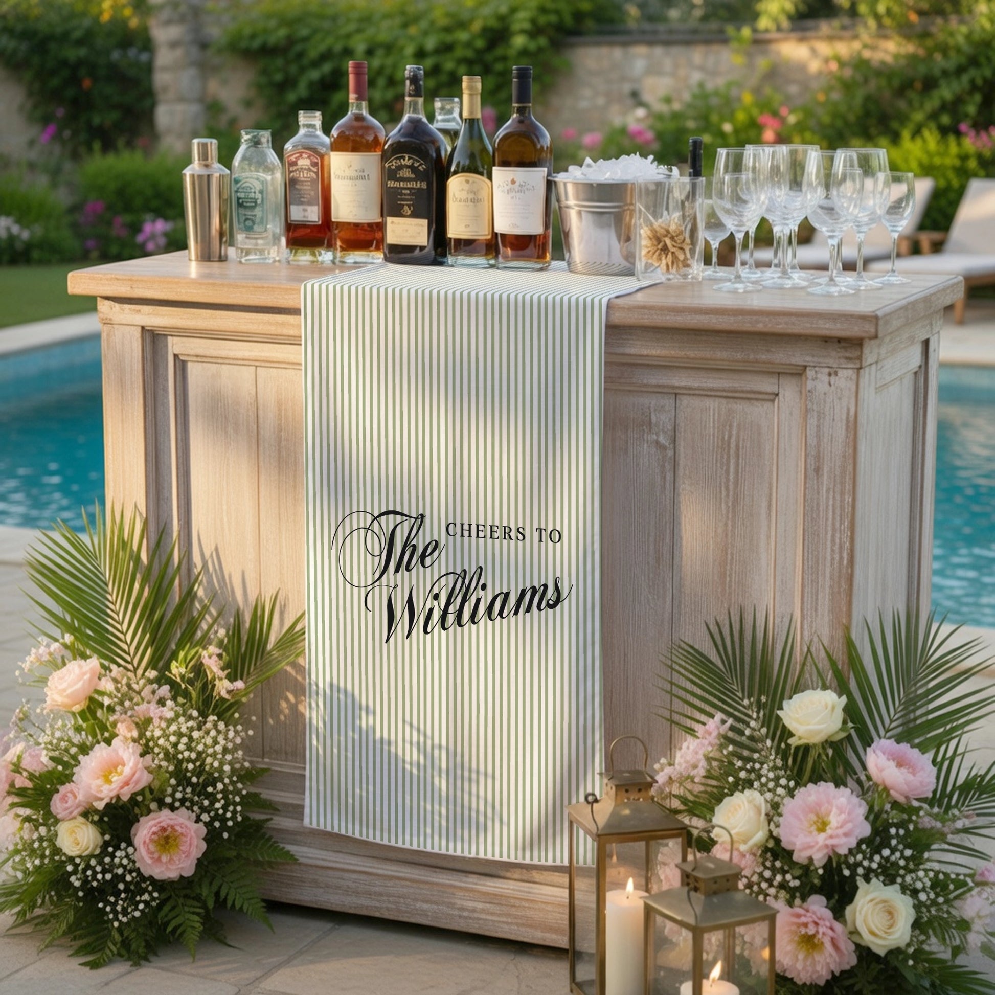 Personalized Bridal Shower Table Runner Custom Name Pink Stripe Wedding Bar Decor Tea Party Bachelorette Party Decor, pers...