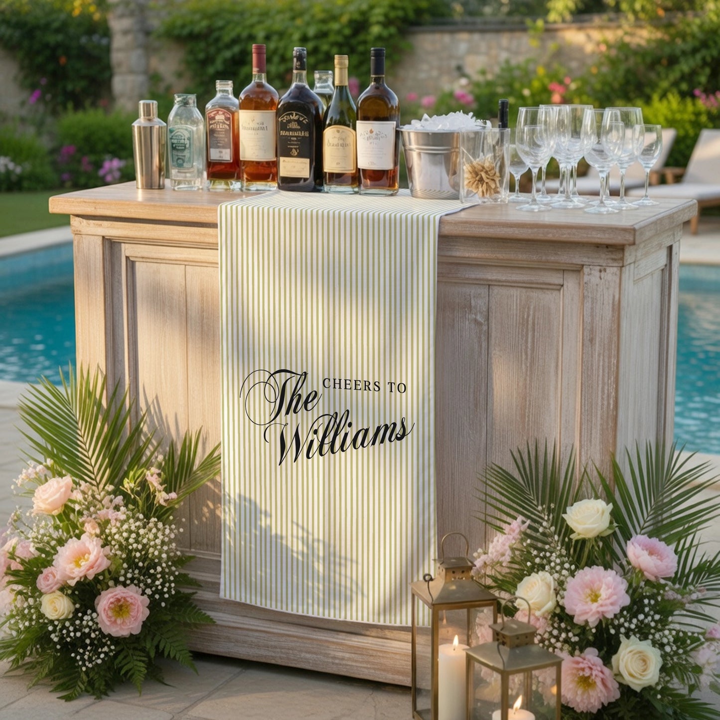 Personalized Bridal Shower Table Runner Custom Name Pink Stripe Wedding Bar Decor Tea Party Bachelorette Party Decor, pers...