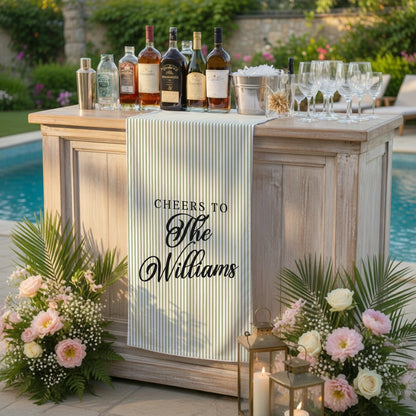 Personalized Bridal Shower Table Runner Custom Name Pink Stripe Wedding Bar Decor Tea Party Bachelorette Party Decor, pers...