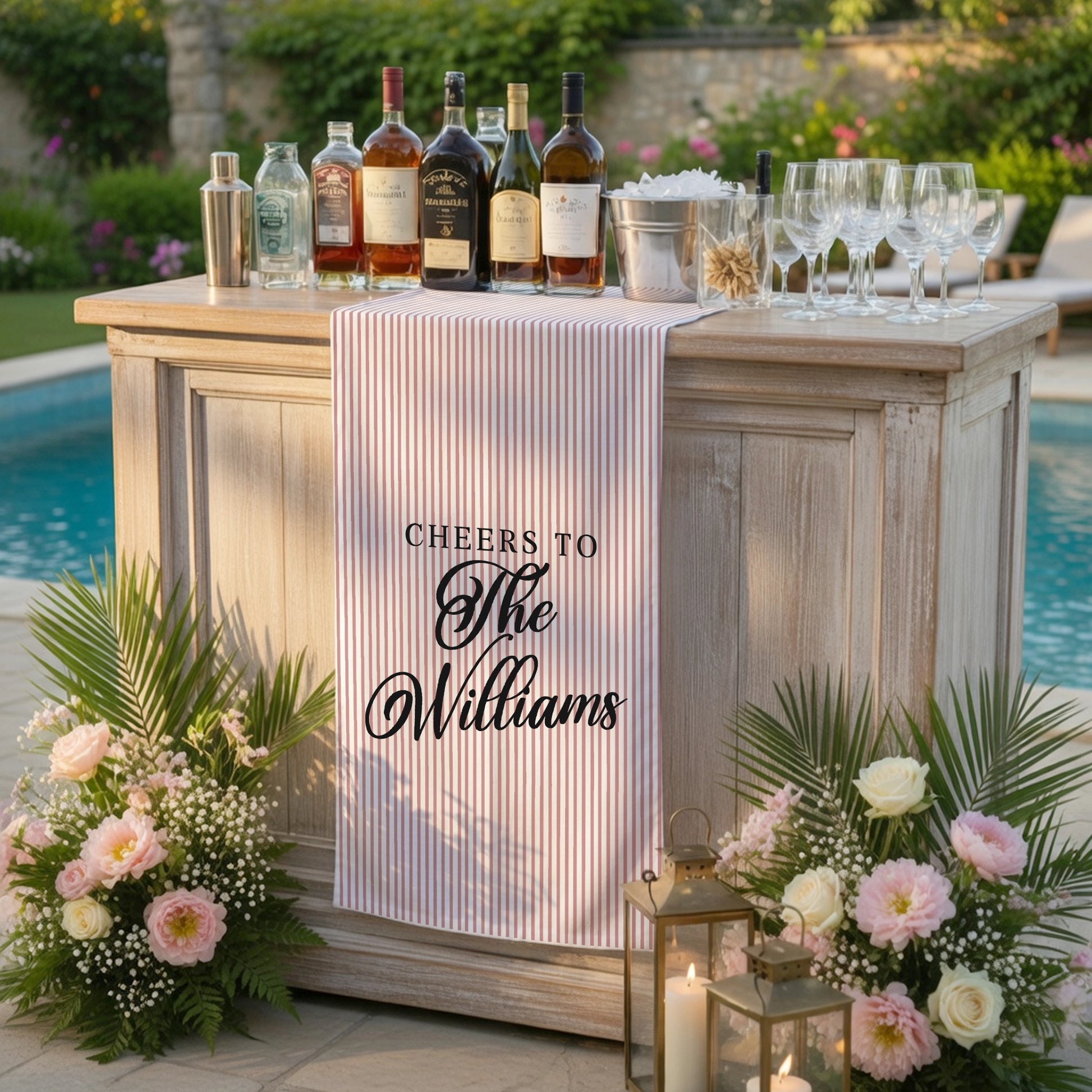 Personalized Bridal Shower Table Runner Custom Name Pink Stripe Wedding Bar Decor Tea Party Bachelorette Party Decor, pers...