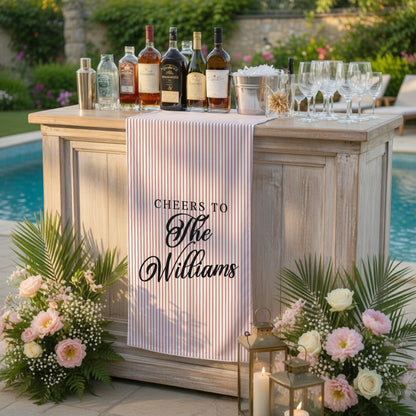 Personalized Bridal Shower Table Runner Custom Name Pink Stripe Wedding Bar Decor Tea Party Bachelorette Party Decor, pers...