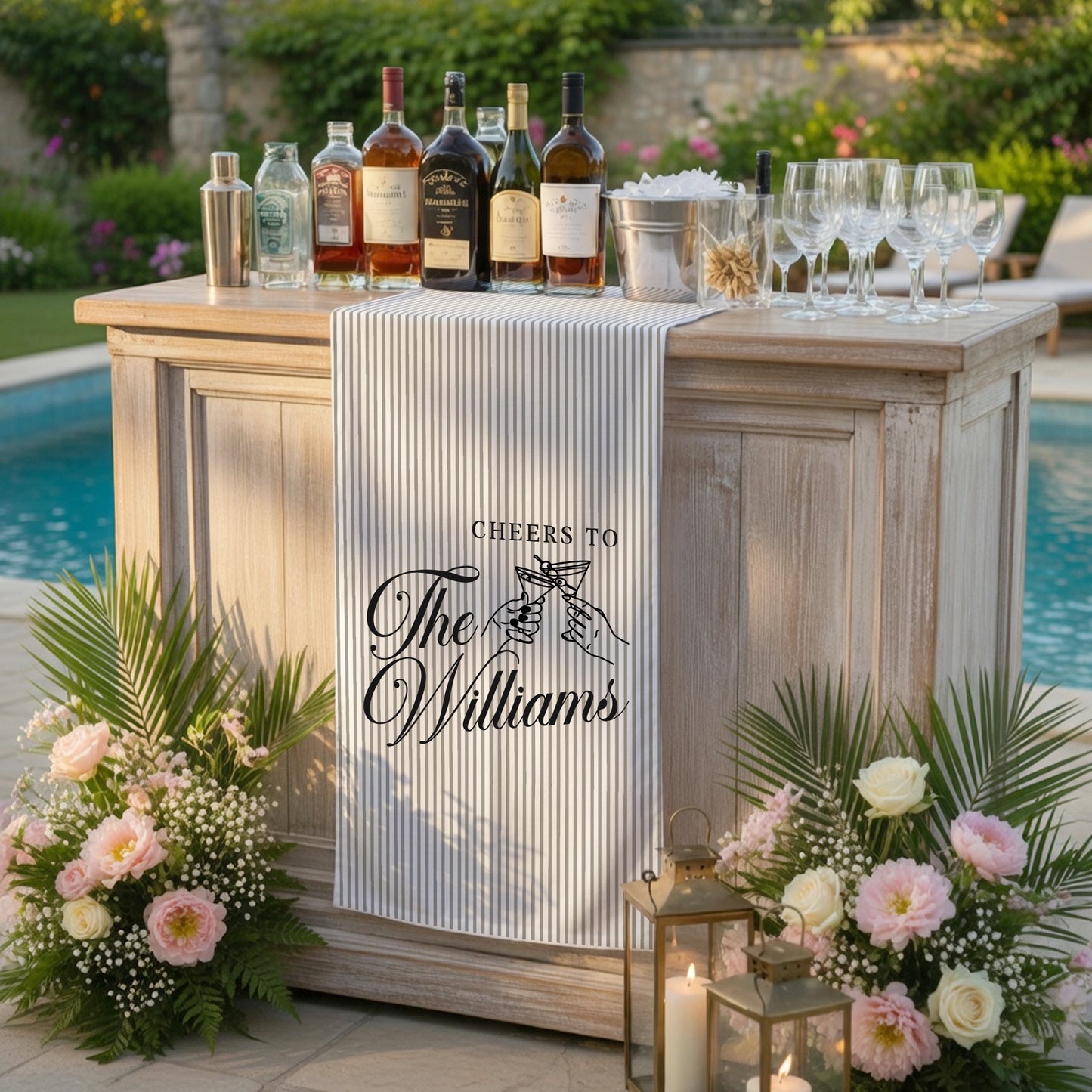 Personalized Bridal Shower Table Runner Custom Name Pink Stripe Wedding Bar Decor Tea Party Bachelorette Party Decor, pers...