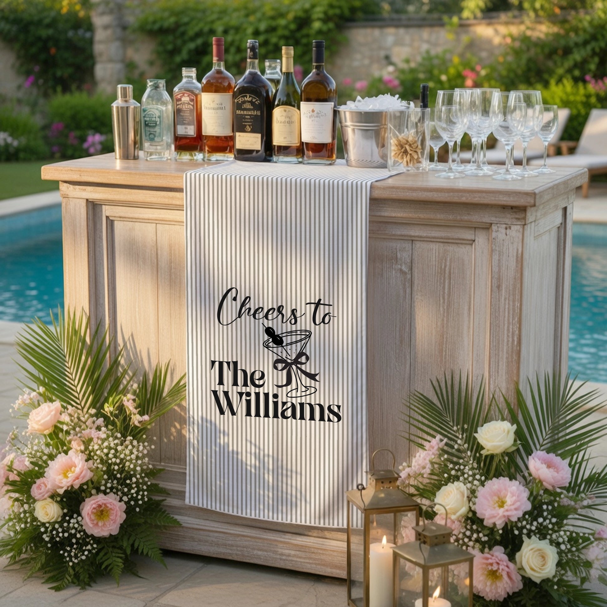 Personalized Bridal Shower Table Runner Custom Name Pink Stripe Wedding Bar Decor Tea Party Bachelorette Party Decor, pers...