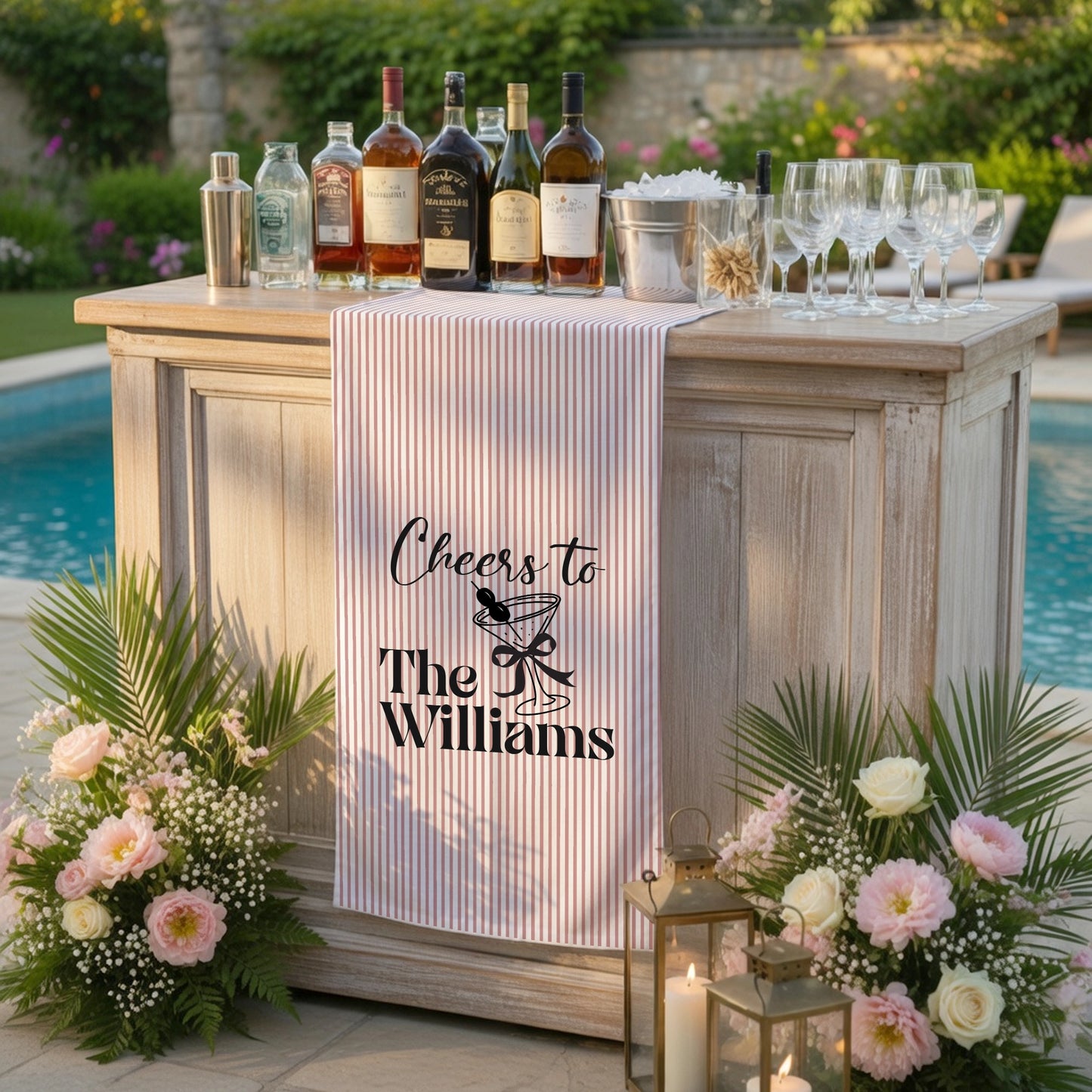 Personalized Bridal Shower Table Runner Custom Name Pink Stripe Wedding Bar Decor Tea Party Bachelorette Party Decor, pers...