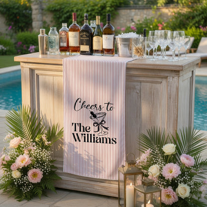 Personalized Bridal Shower Table Runner Custom Name Pink Stripe Wedding Bar Decor Tea Party Bachelorette Party Decor, pers...