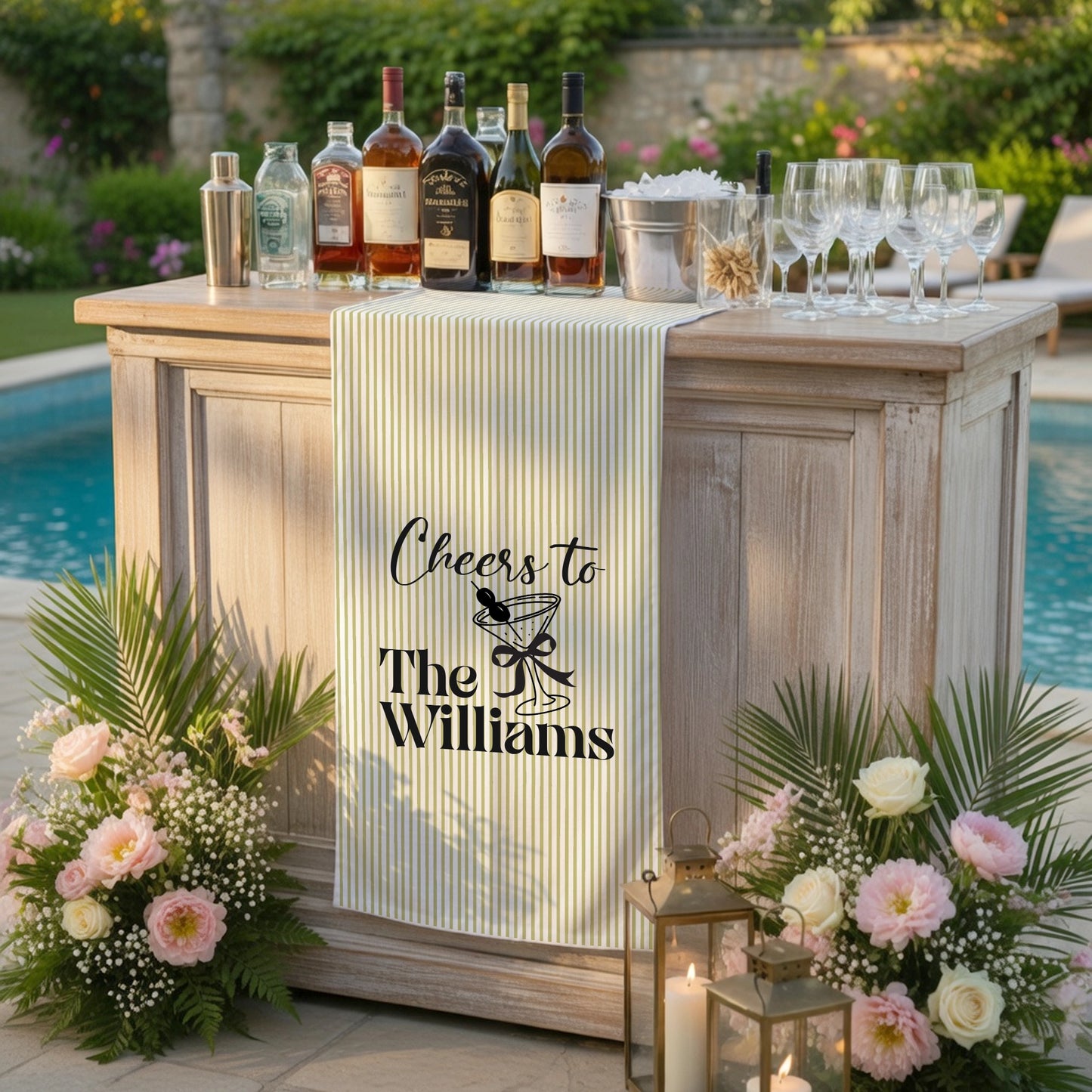 Personalized Bridal Shower Table Runner Custom Name Pink Stripe Wedding Bar Decor Tea Party Bachelorette Party Decor, pers...