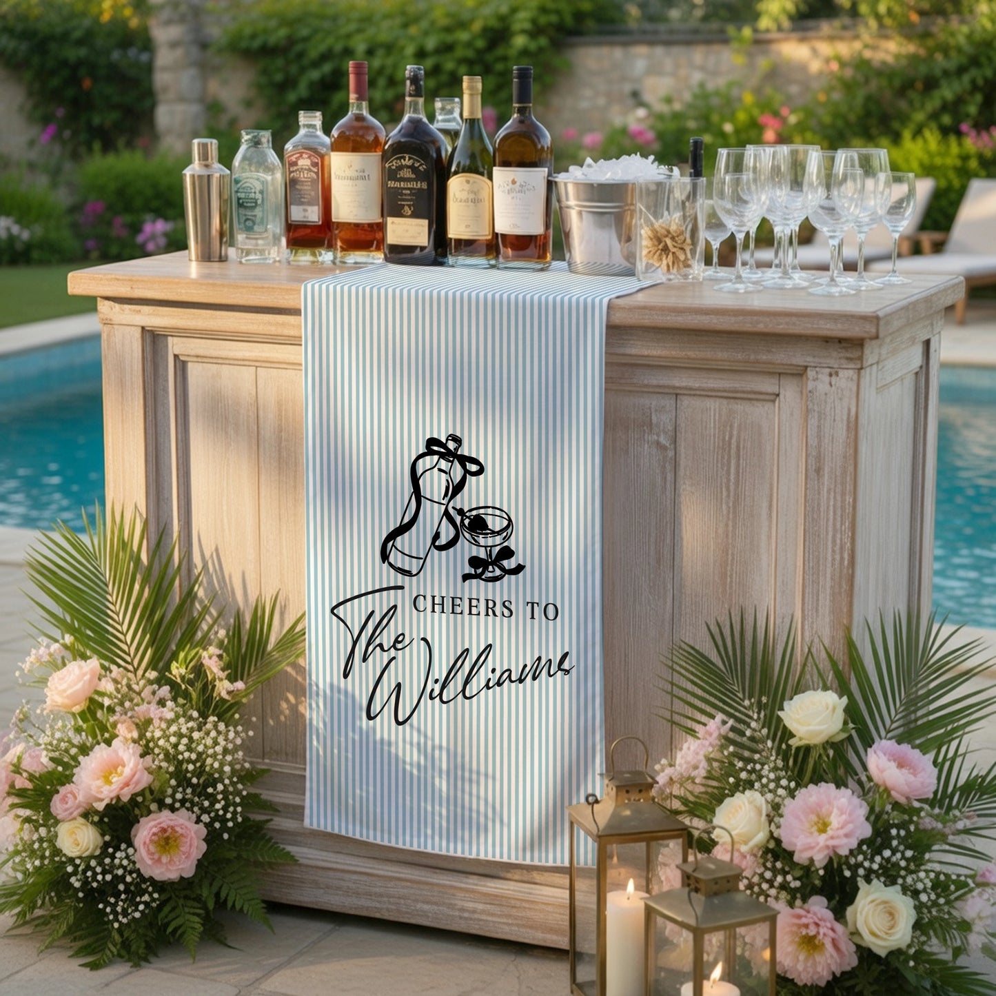 Personalized Bridal Shower Table Runner Custom Name Pink Stripe Wedding Bar Decor Tea Party Bachelorette Party Decor, pers...