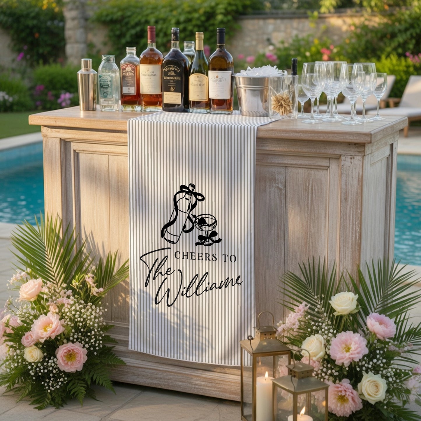 Personalized Bridal Shower Table Runner Custom Name Pink Stripe Wedding Bar Decor Tea Party Bachelorette Party Decor, pers...
