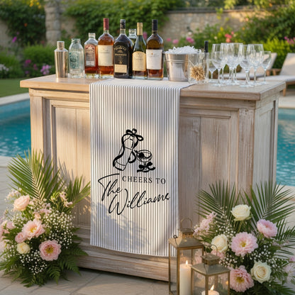 Personalized Bridal Shower Table Runner Custom Name Pink Stripe Wedding Bar Decor Tea Party Bachelorette Party Decor, pers...