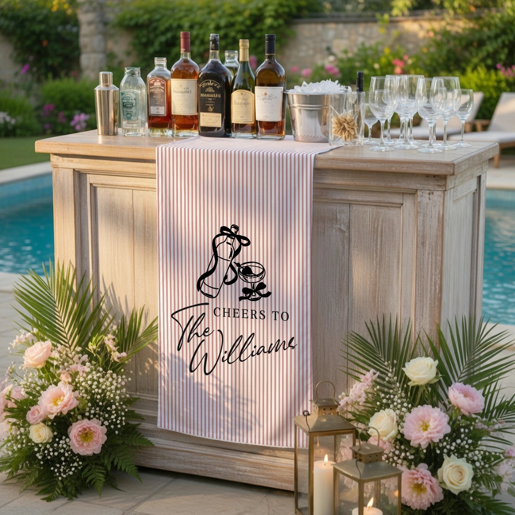Personalized Bridal Shower Table Runner Custom Name Pink Stripe Wedding Bar Decor Tea Party Bachelorette Party Decor, pers...