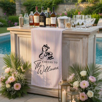 Personalized Bridal Shower Table Runner Custom Name Pink Stripe Wedding Bar Decor Tea Party Bachelorette Party Decor, pers...