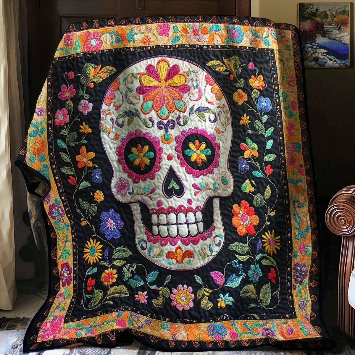 Sugar Skull Blossom Quilt Blanket