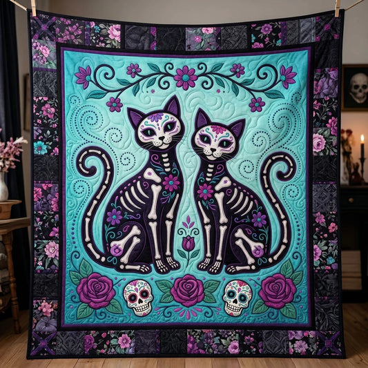 Sugar Skull Cats Quilt Blanket