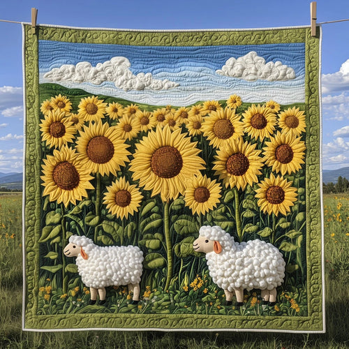 Sunflower Field And White Sheep Quilt Blanket