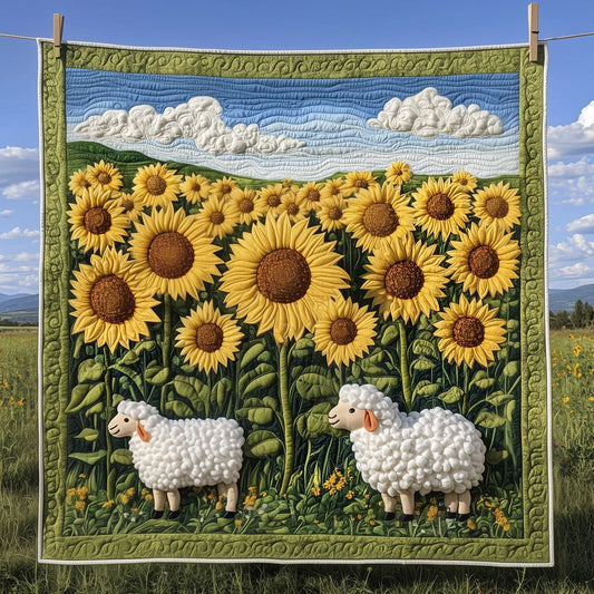 Sunflower Field And White Sheep Quilt Blanket
