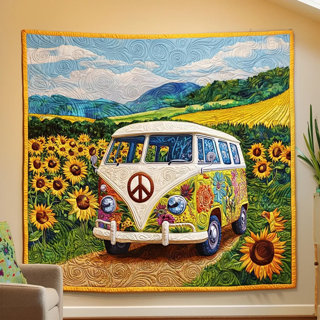 Sunflower Hippie Camper Van Quilt Blanket