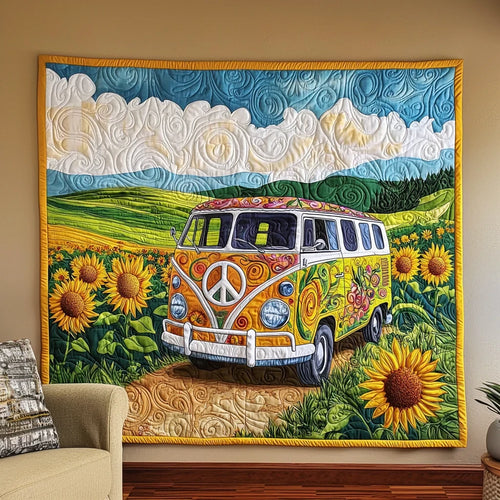 Sunflower Hippie Camper Van Quilt Blanket