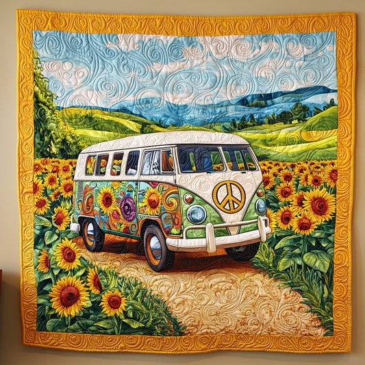 Sunflower Hippie Camper Van Quilt Blanket