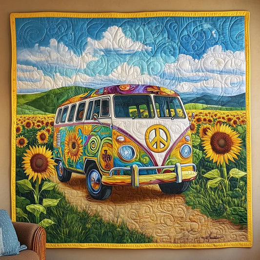 Sunflower Hippie Camper Van Quilt Blanket