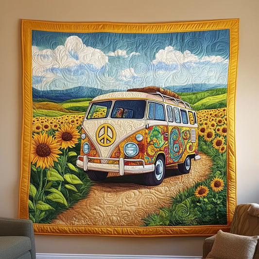 Sunflower Hippie Camper Van Quilt Blanket
