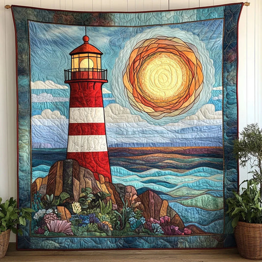 Sunlit Ocean Lighthouse Quilt Blanket