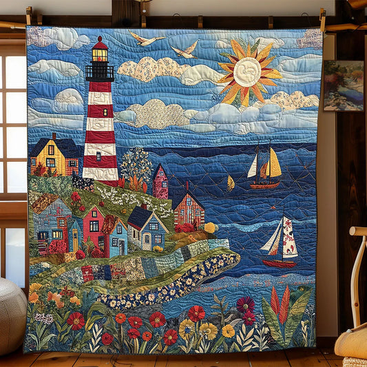 Sunlit Seaside Lighthouse Quilt Blanket