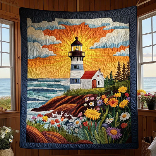 Sunrise Lighthouse Coastal Quilt Blanket