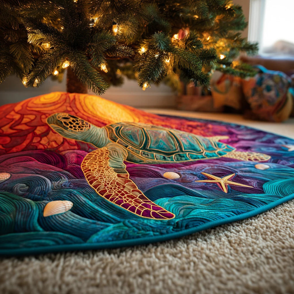 Sunset Turtle Christmas Quilted Tree Skirt