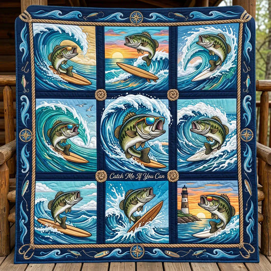 Surfing Bass Adventure Quilt Blanket
