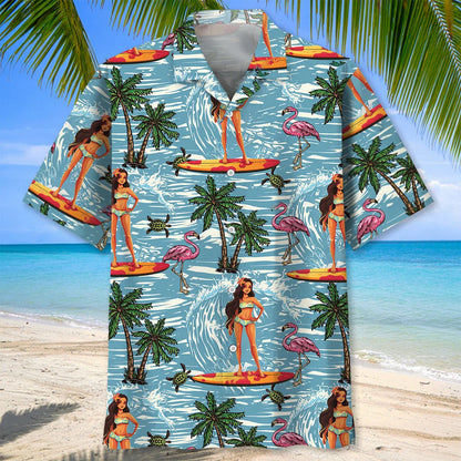 Surfing Aloha Girl Hawaiian Shirt, custom shirt gift for men
