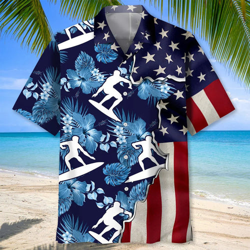Surfing Tropical Us Flag Hawaiian Shirt, custom shirt gift for men