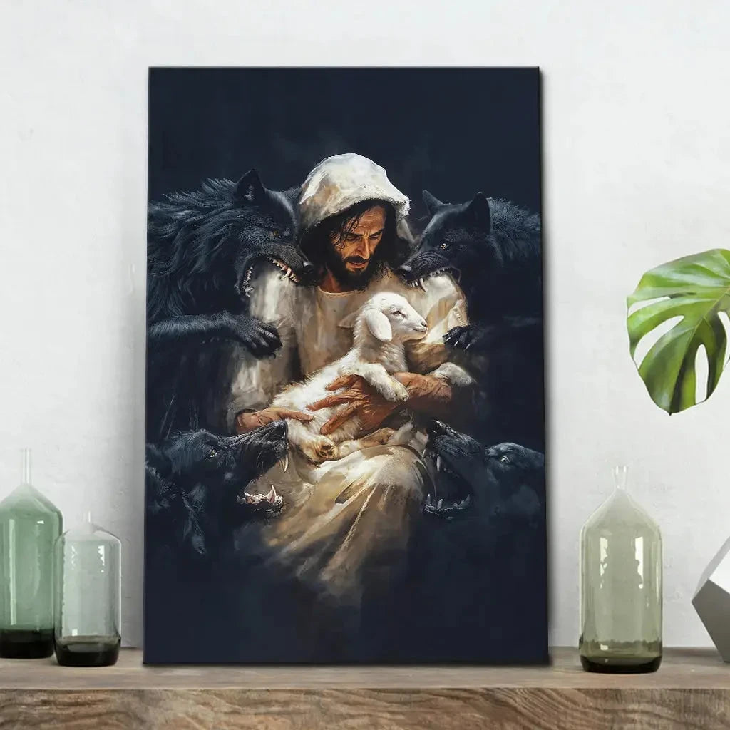 jesus the good shepherd protecting his lamb from the wolves wall art canvas print (view 5)