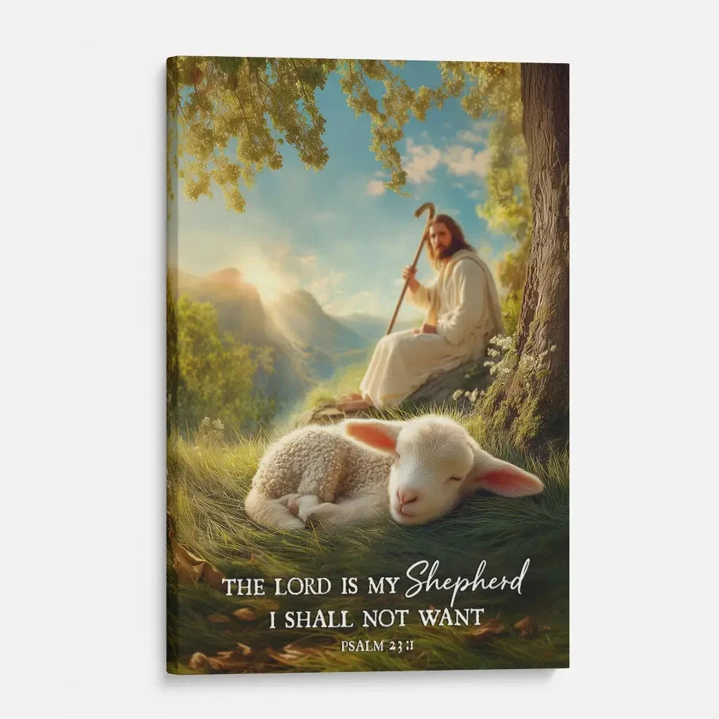 the lord is my shepherd psalm 23 1 christian wall art canvas jesus with lamb (Landscape) (view 4)