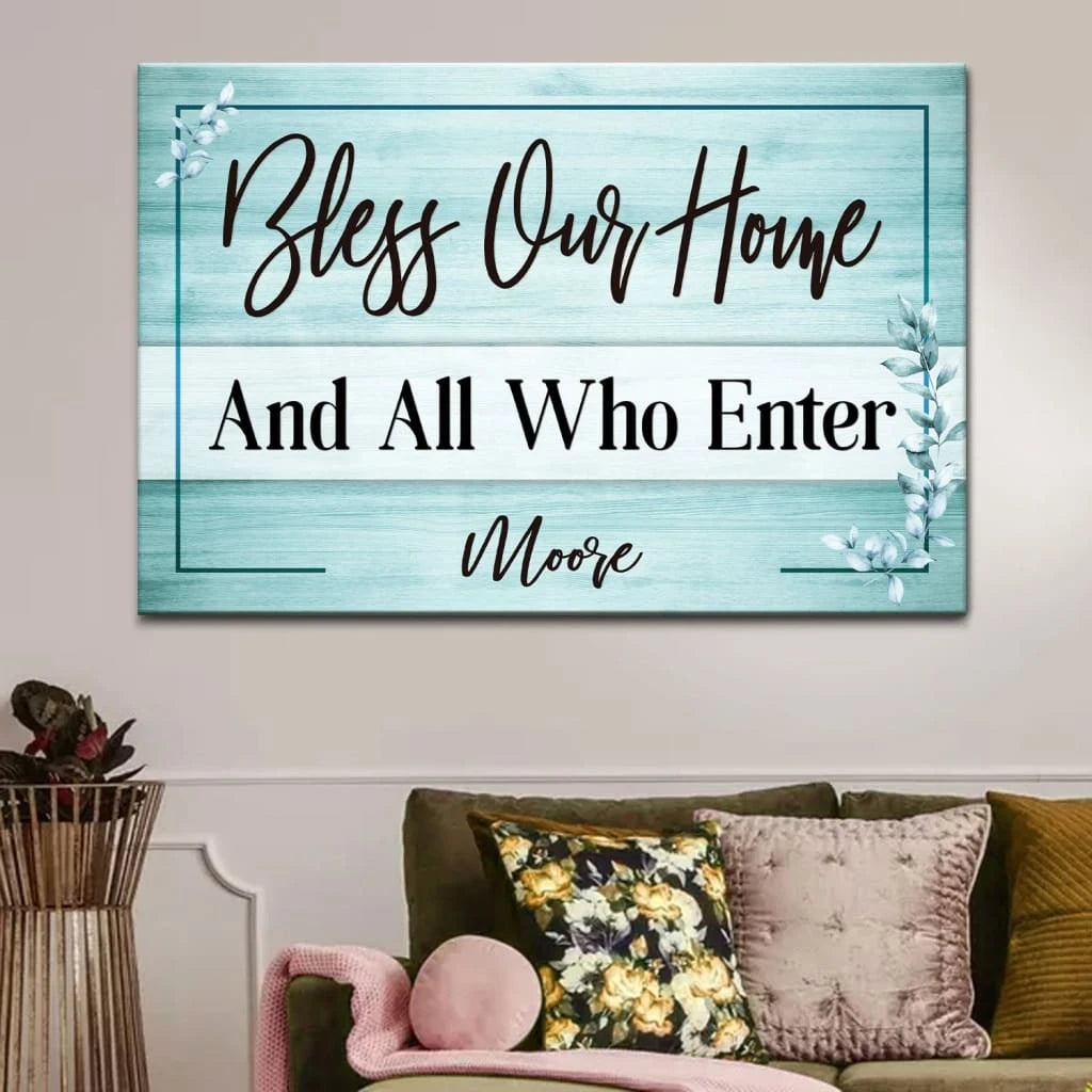 personalized bless our home christian wall art canvas with custom family name (Landscape) (view 5)
