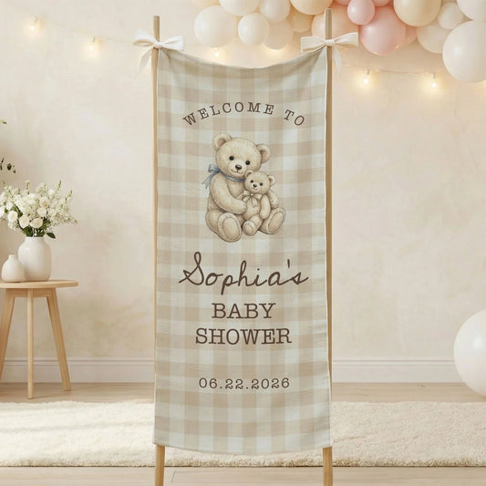 Teddy Bear Baby Shower Banner Personalized Baby Shower Tapestry Custom Name Neutral Baby Shower Backdrop, baby shower decor