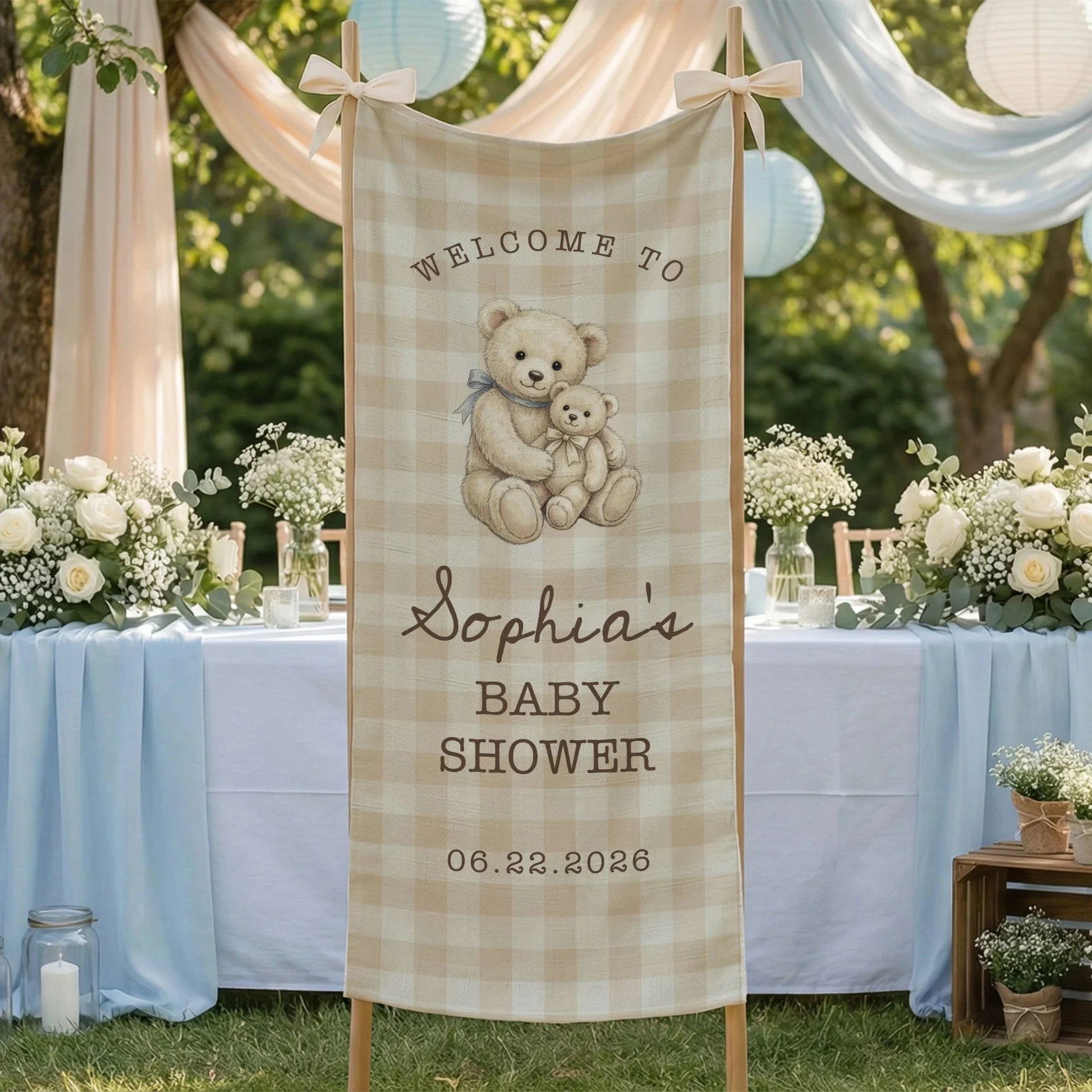 Teddy Bear Baby Shower Banner Personalized Baby Shower Tapestry Custom Name Neutral Baby Shower Backdrop, baby shower decor