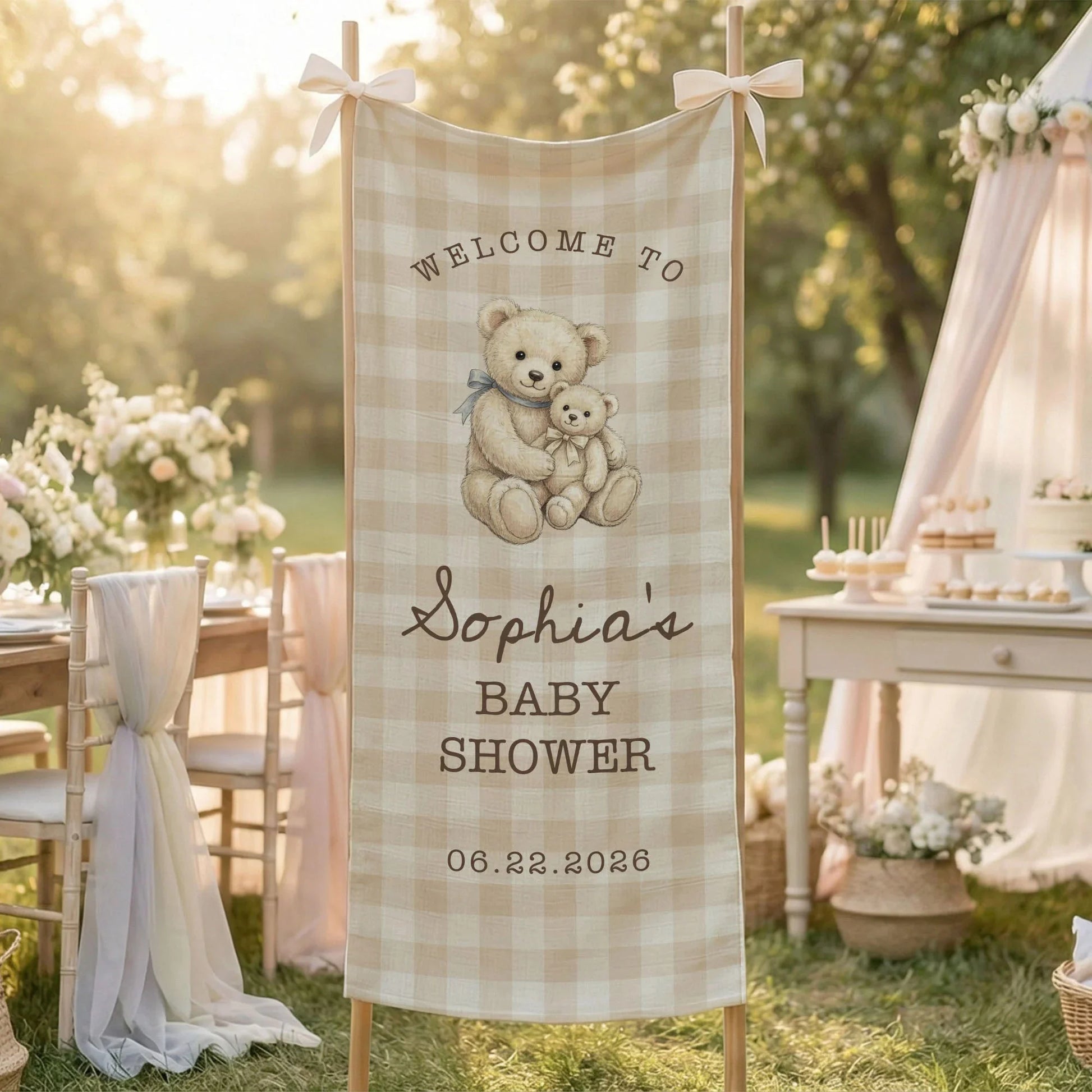 Teddy Bear Baby Shower Banner Personalized Baby Shower Tapestry Custom Name Neutral Baby Shower Backdrop, baby shower decor