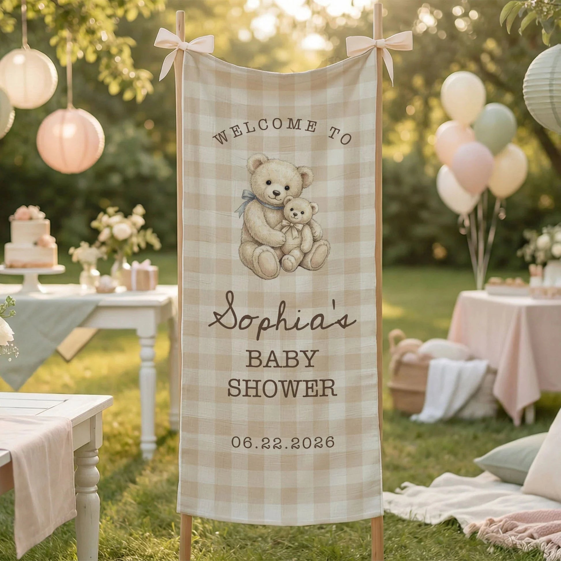 Teddy Bear Baby Shower Banner Personalized Baby Shower Tapestry Custom Name Neutral Baby Shower Backdrop, baby shower decor
