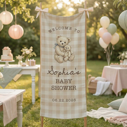 Teddy Bear Baby Shower Banner Personalized Baby Shower Tapestry Custom Name Neutral Baby Shower Backdrop, baby shower decor