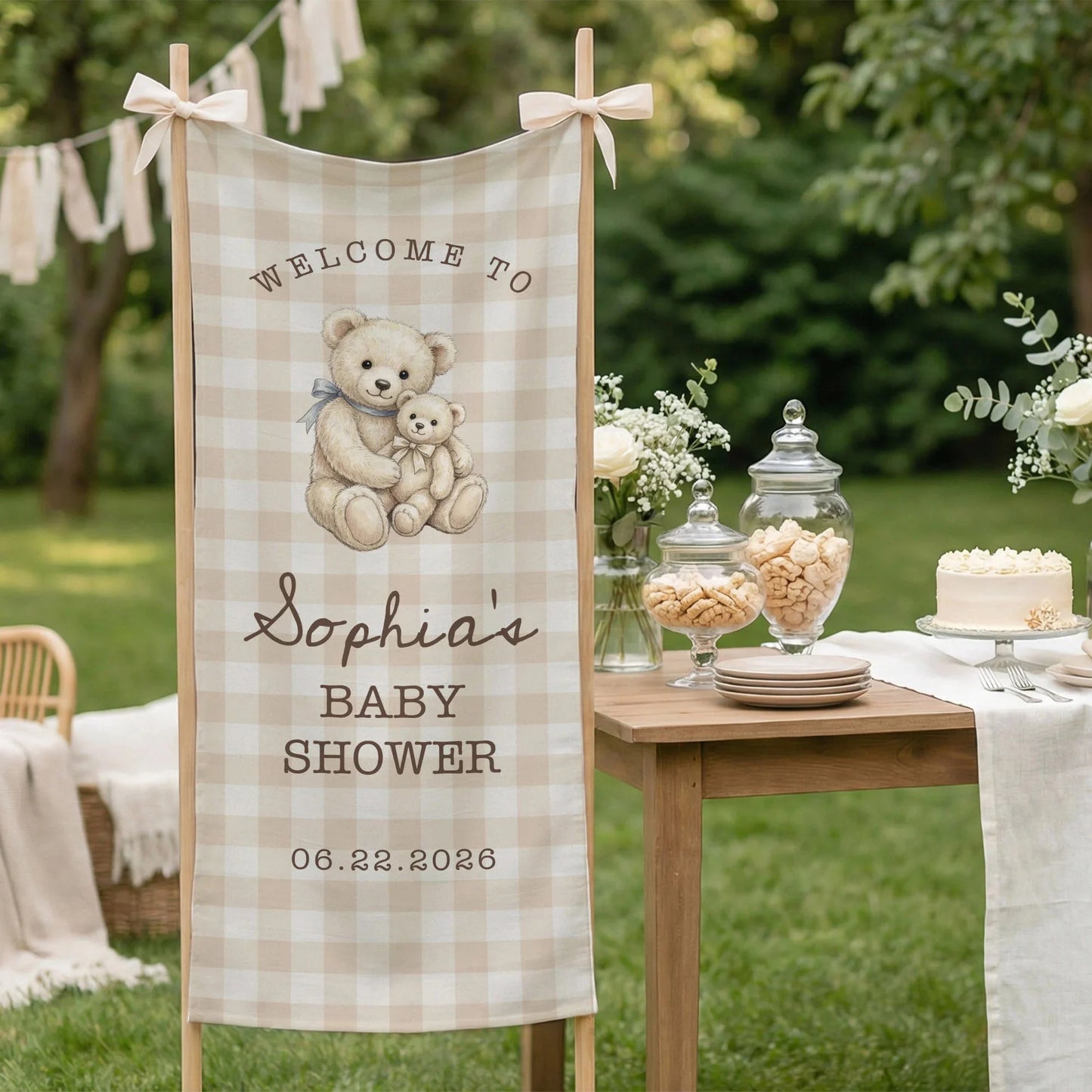 Teddy Bear Baby Shower Banner Personalized Baby Shower Tapestry Custom Name Neutral Baby Shower Backdrop, baby shower decor