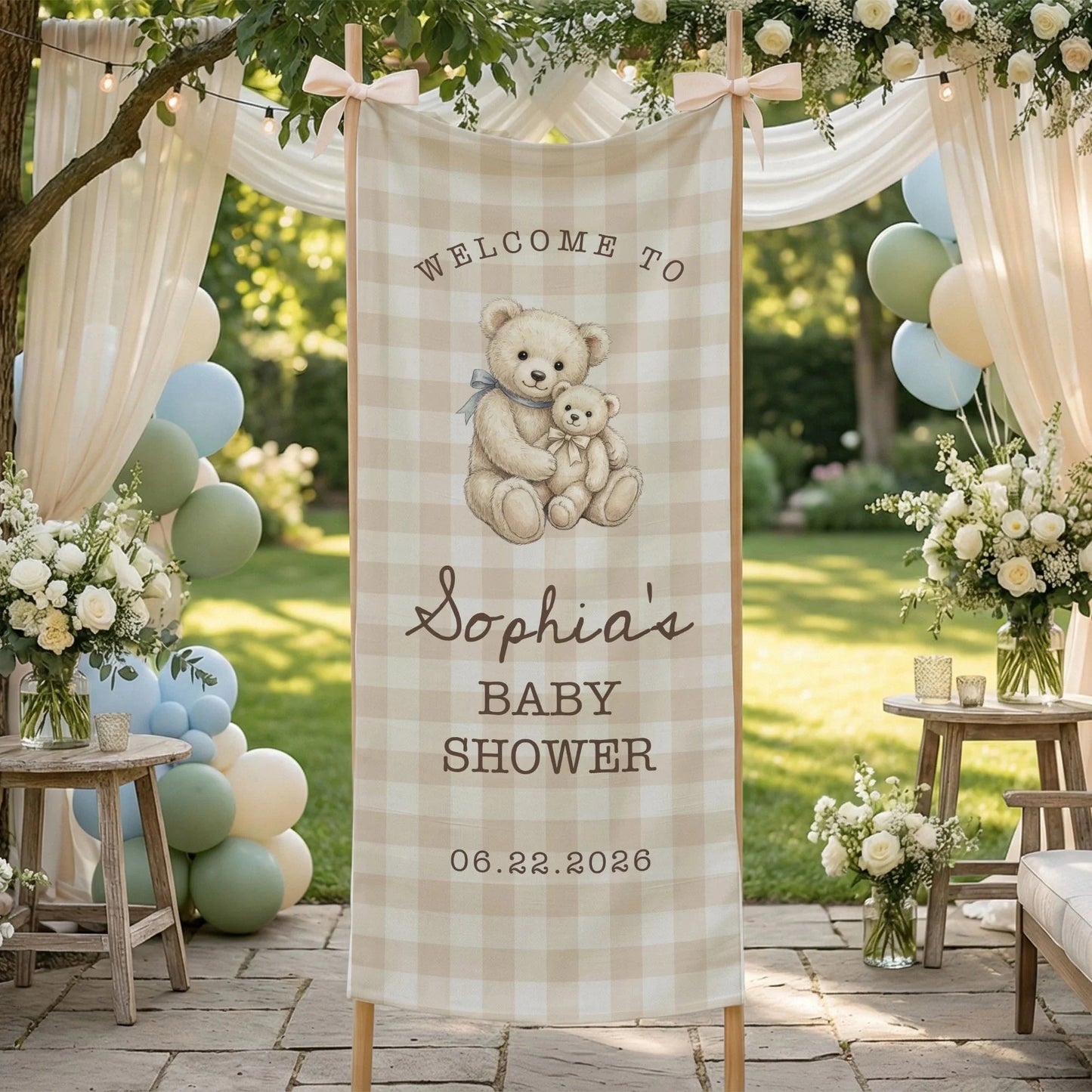 Teddy Bear Baby Shower Banner Personalized Baby Shower Tapestry Custom Name Neutral Baby Shower Backdrop, baby shower decor