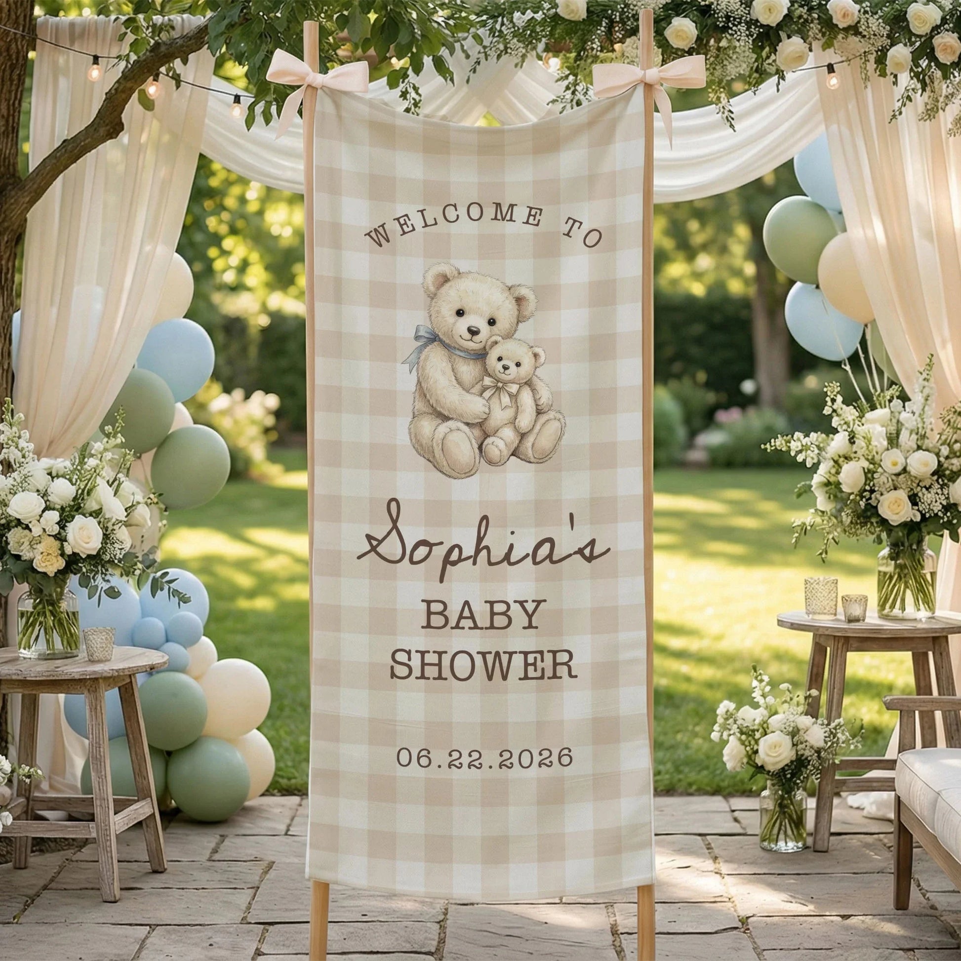 Teddy Bear Baby Shower Banner Personalized Baby Shower Tapestry Custom Name Neutral Baby Shower Backdrop, baby shower decor