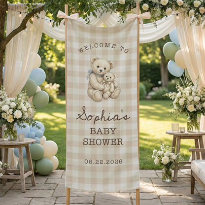 Teddy Bear Baby Shower Banner Personalized Baby Shower Tapestry Custom Name Neutral Baby Shower Backdrop, baby shower decor
